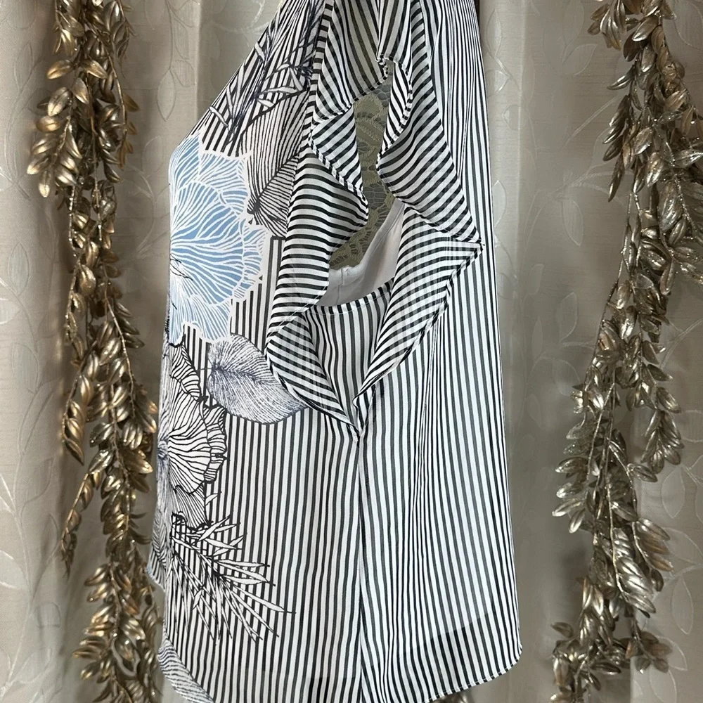 Vince Camuto Womens Large Striped Floral Cap Sleeve Ruffle Blouse cottagecoe‎